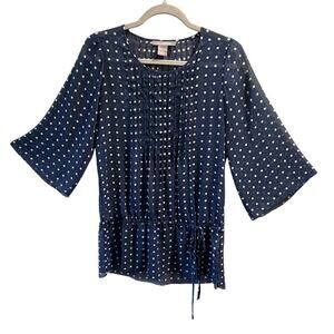 NY Collection, Navy Sheer Top, White Polkadots, Flow sleeve Waist Tie, S